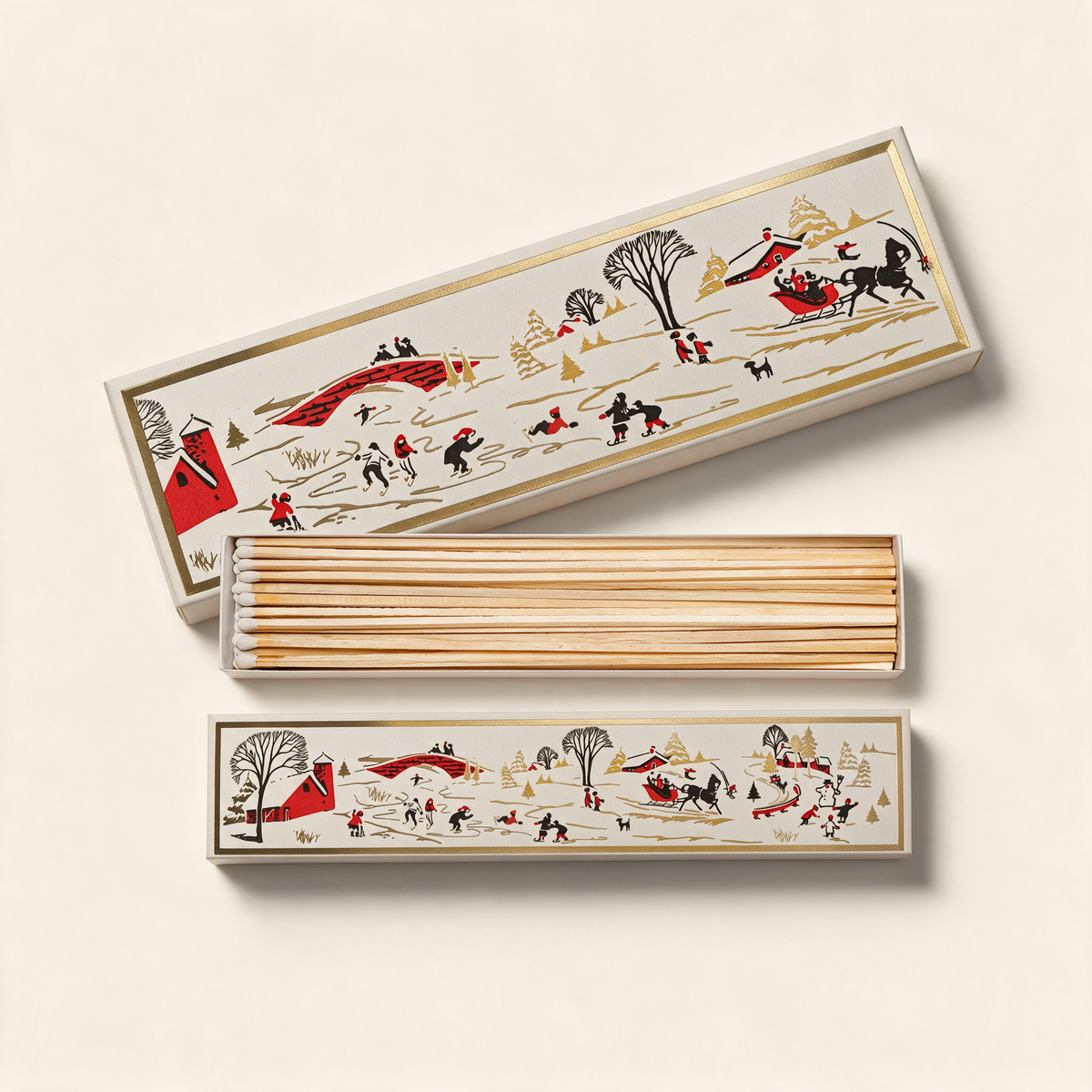 Winter Snowscape long safety matchbox by Archivist, snowy scene with figures, sleighs and gold foil trees, on a cream background