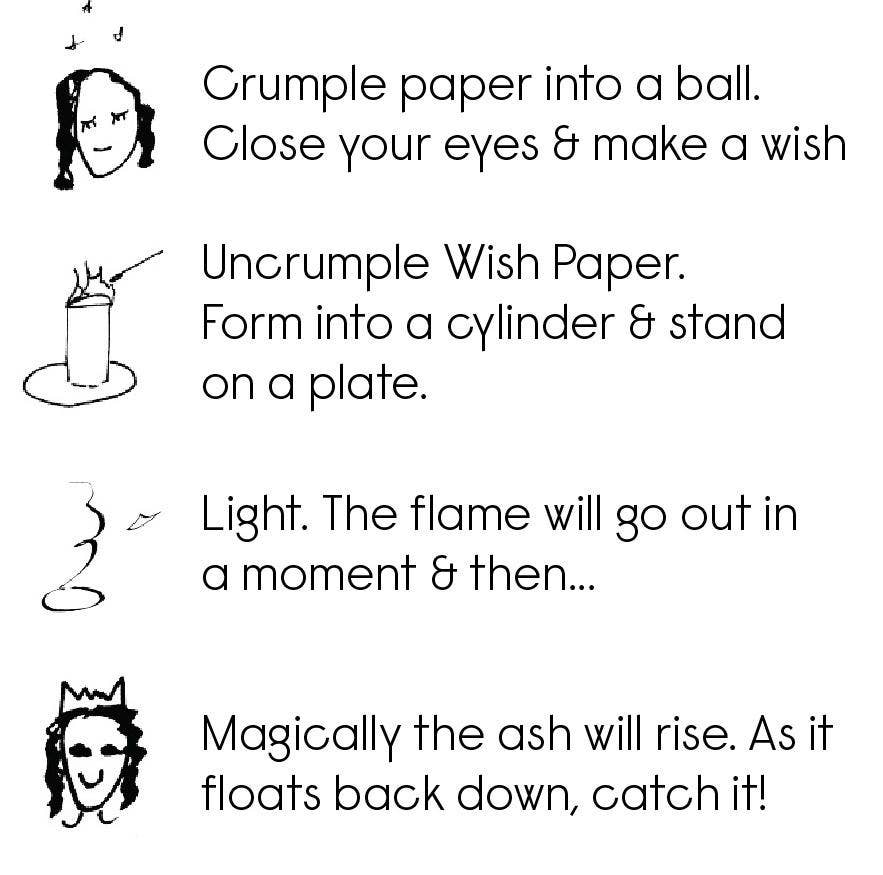 Instructions for a magic trick with wish paper on a white background